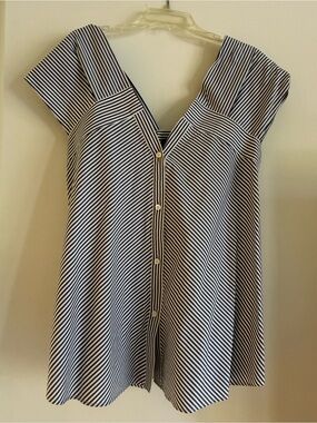 Theory Navy and White Striped Button-Front Blouse